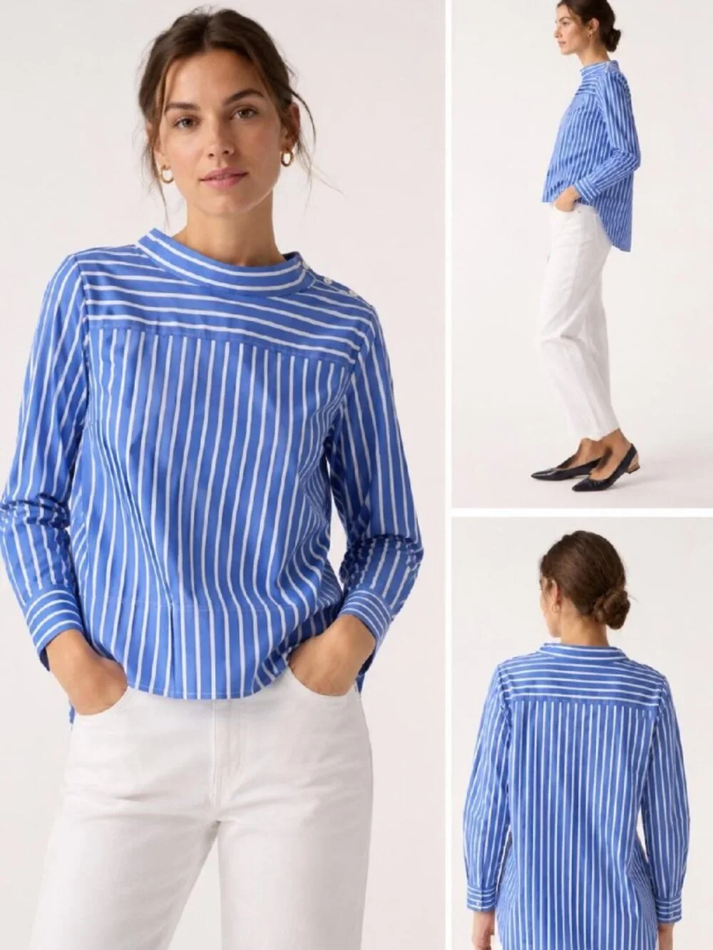 J. Crew Blue White Striped Cotton Blouse Top Button Shoulder High Low Hem 4
